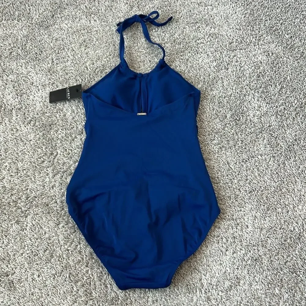 NWT $135 LAUREN Ralph Lauren Plus Sz 14 Sapphire Blue‎ One Piece Swimsuit Halter
